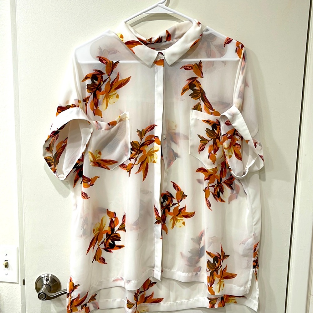 A New Day- Target- Size XXL- sheer floral blouse-rolled sleeves